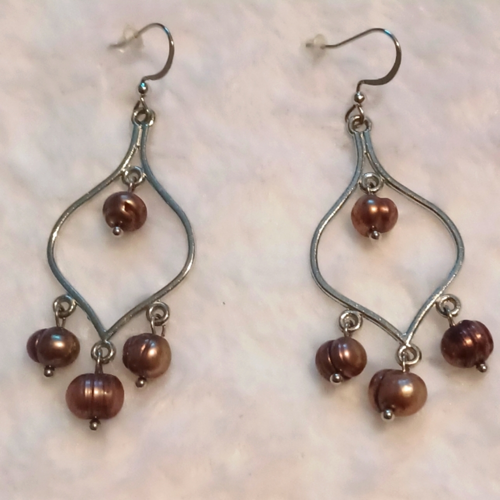 Elegant Silver and Brown Pearl Chandeller Earrings